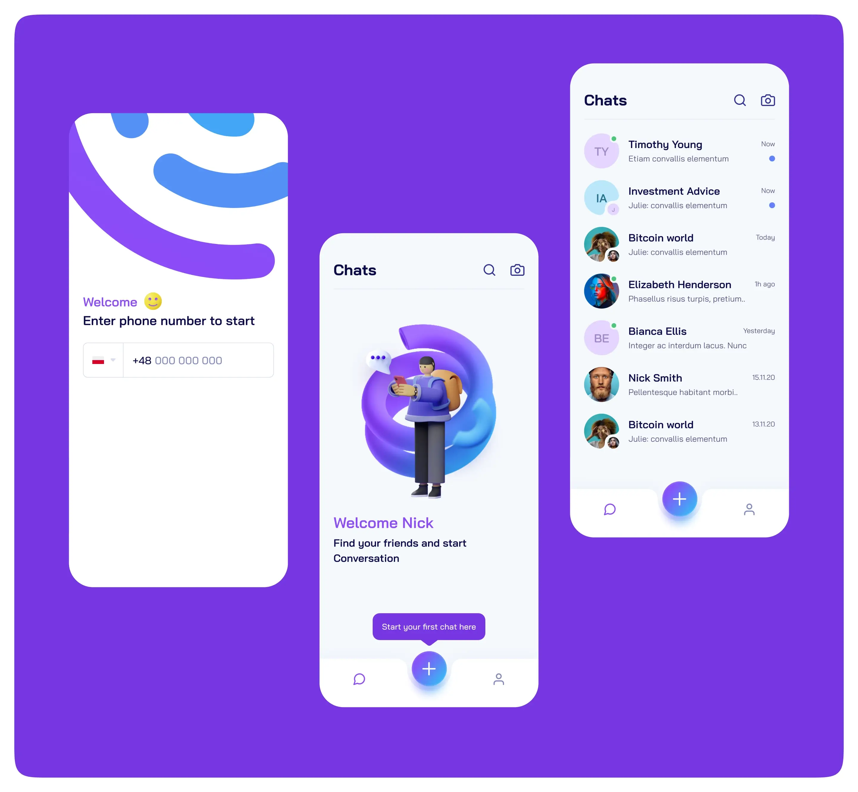 Secret - 3 screen of app, Onboarding, Empty state, Chat list